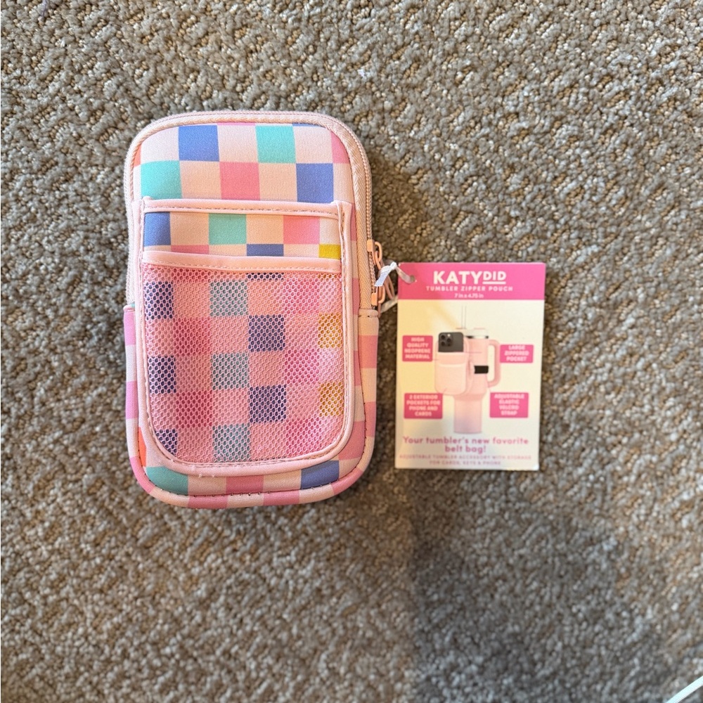NWT Katydid Pink Checkered Tumbler Zipper Pouch with Phone Holder.